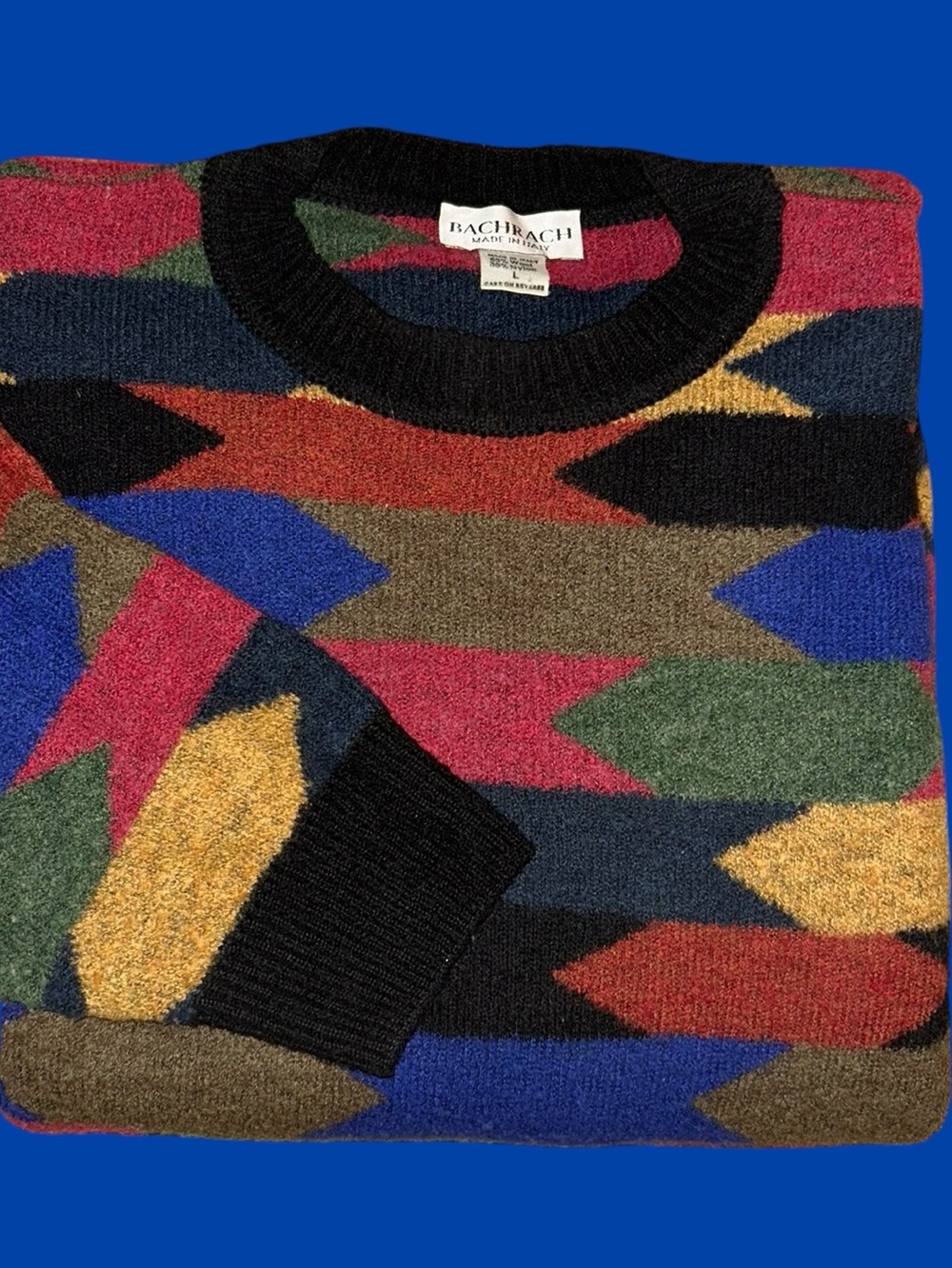 Vintage 90s Bachrach Wool Crew Neck Sweater Geometric Made In Italy Size Large